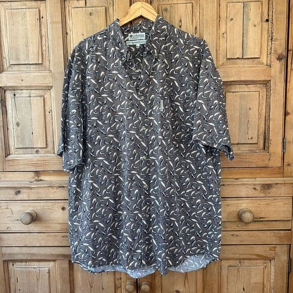 Columbia Mens XXL Fish Print Short Sleeve Button Front Shirt Collared Vintage - Picture 1 of 8